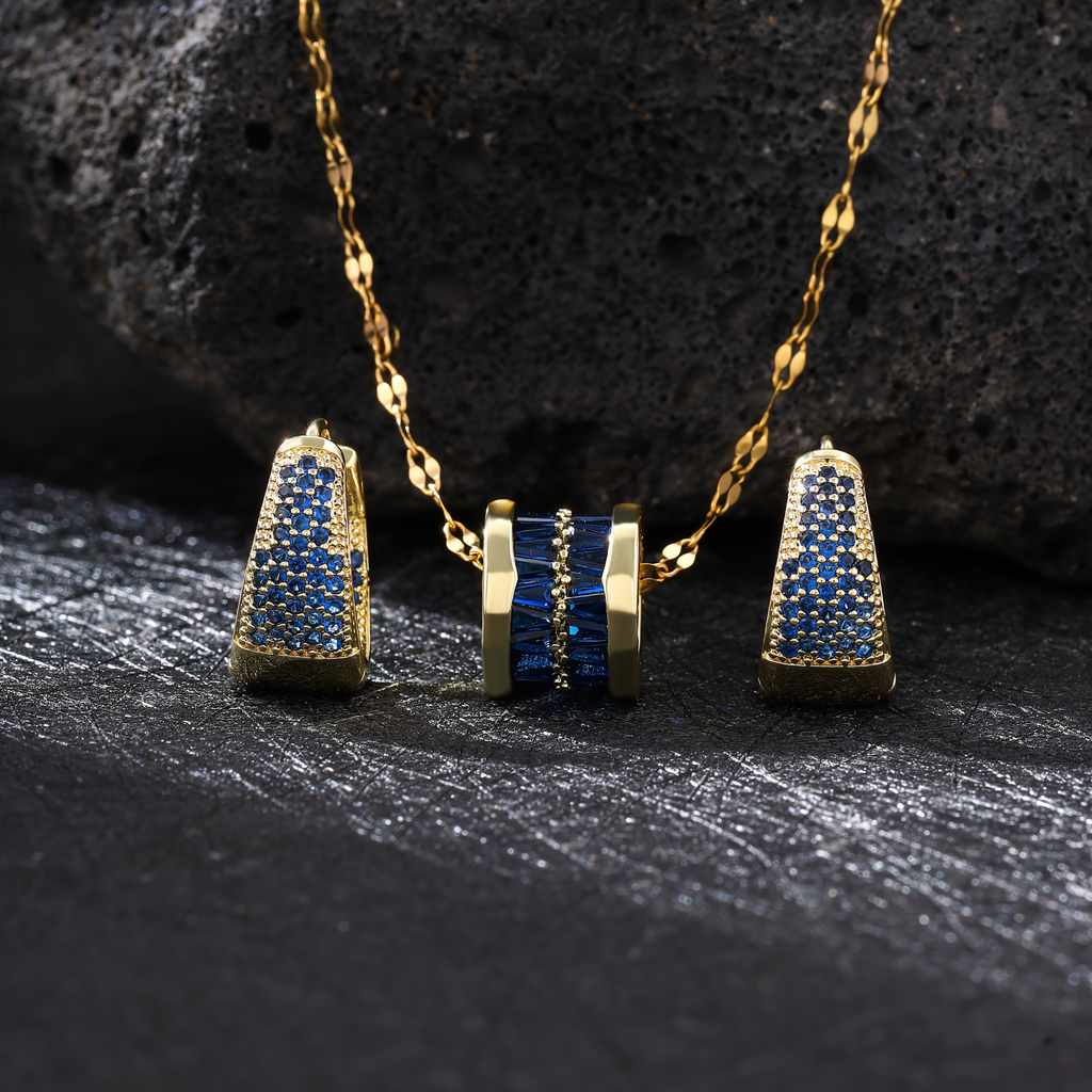 1 necklace + 1 pair of earrings, elegant blue high-end design, inlaid with sparkling synthetic zirconia