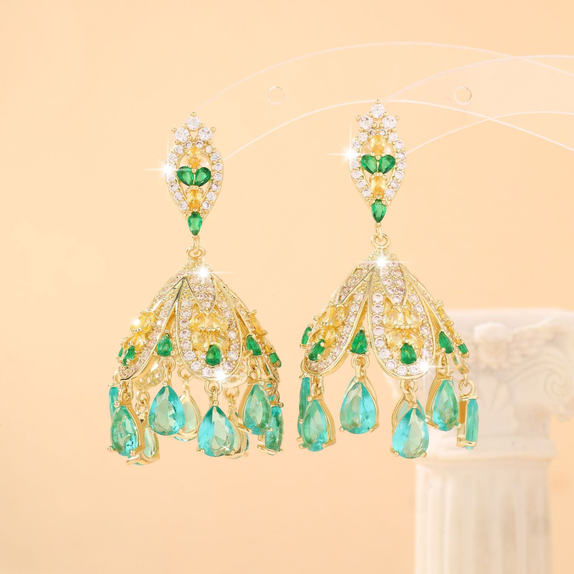 Hollow-out lantern vintage China-Chic exaggerated zircon earrings