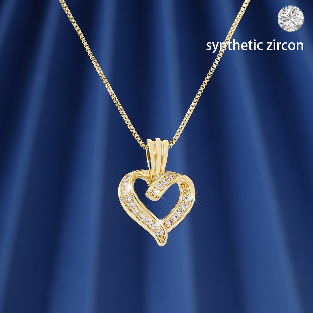 Simple style heart-shaped zircon-inlaid hollowed-out heart pendant necklace