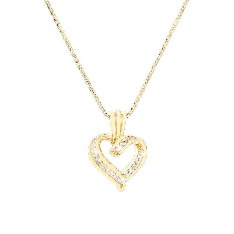 Simple style heart-shaped zircon-inlaid hollowed-out heart pendant necklace