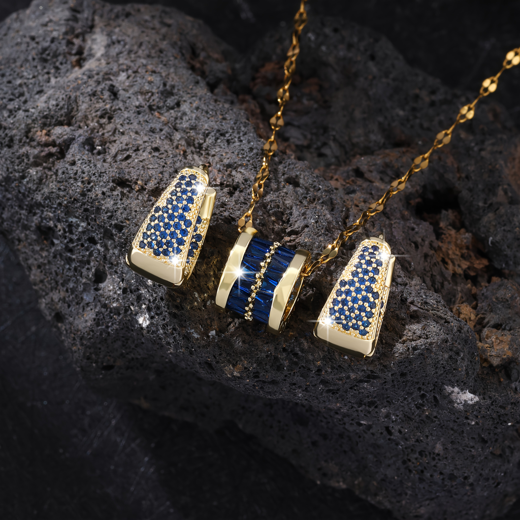 1 necklace + 1 pair of earrings, elegant blue high-end design, inlaid with sparkling synthetic zirconia